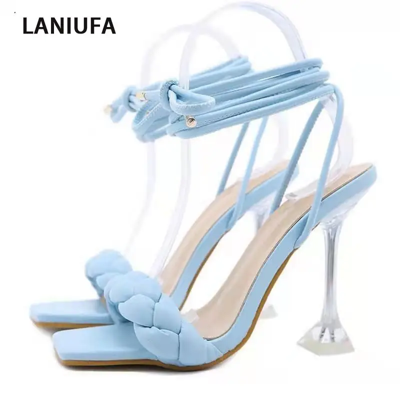 

2022 New Summer Designer Weave Women Sandals Fashion Sexy High Heels Shoes Transparent Party Pumps Ladies Shoes Chunky Slippers