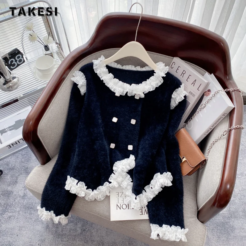 

2023 Autumn Winter Korean Fashion Knitting Long Sleeve Casual O-Neck Cardigans Women Patchwork Double Breasted Ladies Sweater