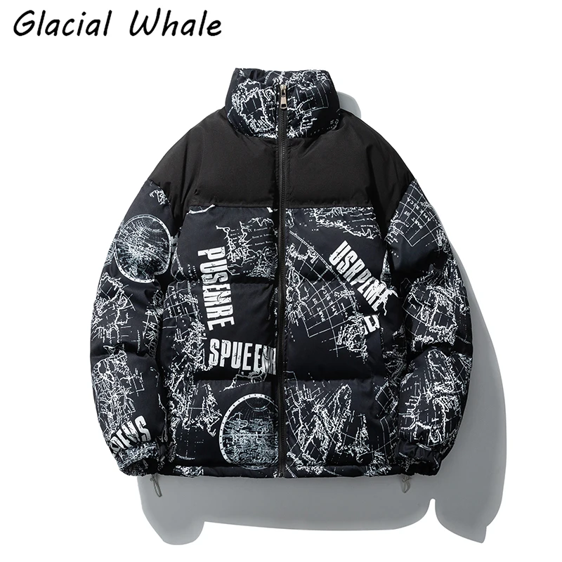 GlacialWhale Down Jacket Men Winter 2022 Graffiti Jacket Fashio Windproof Coat Streetwear Oversized Hip Hop Black Jacket For Men