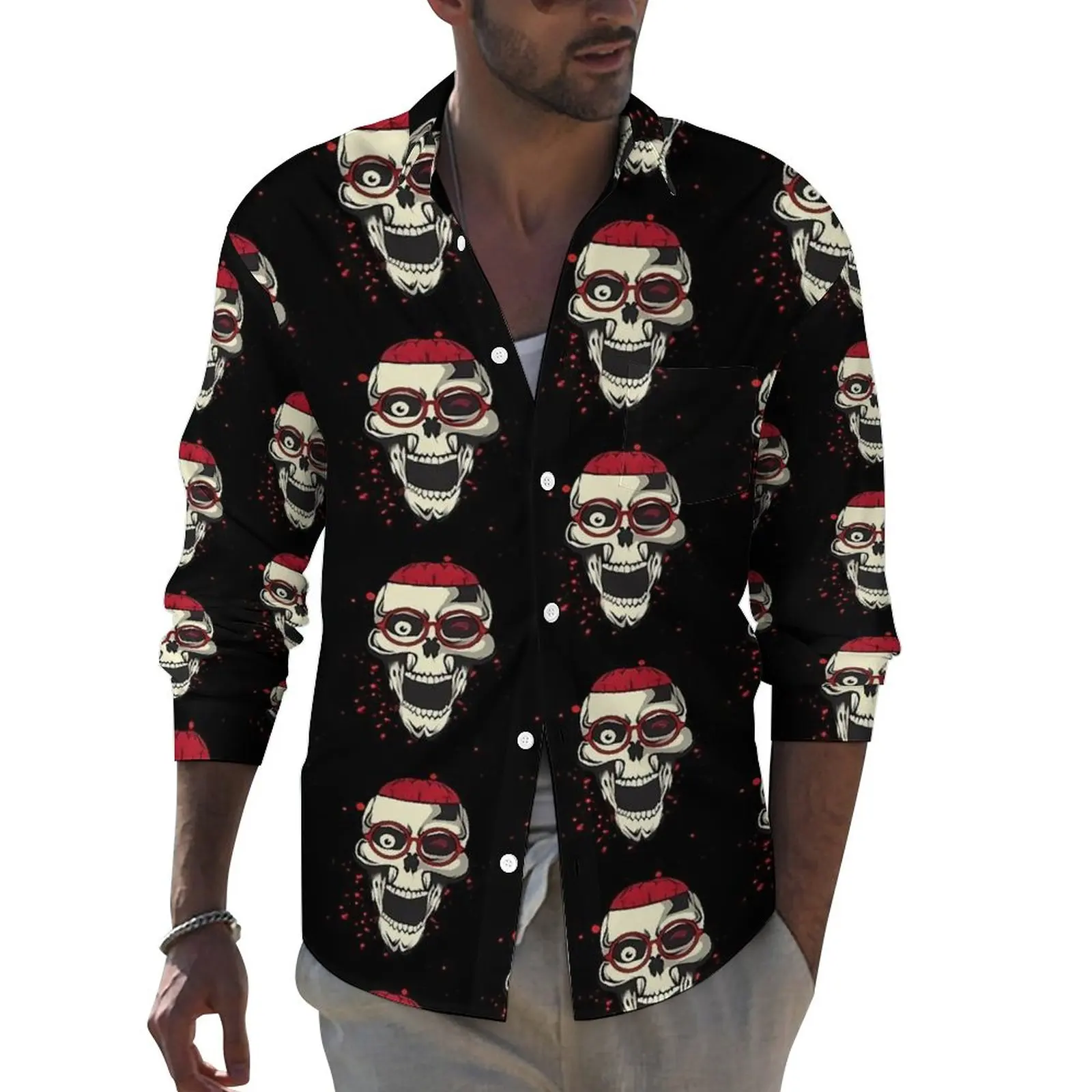 

Skeleton Shirt Autumn Skull Print Casual Shirts Male Loose Blouses Long Sleeve Custom Street Style Clothing Plus Size 3XL 4XL
