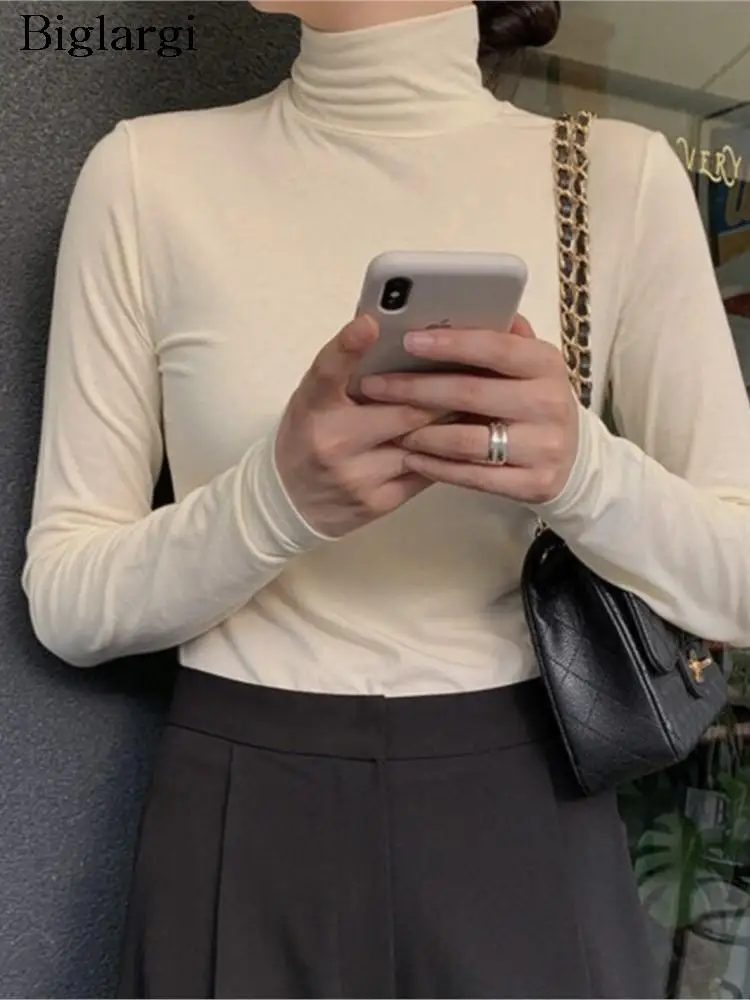 

Autumn Turtleneck Pullover Top Women Office Bodycon Korea Style Ladies Blouses Long Sleeve Fashion Casual Woman Top 2023
