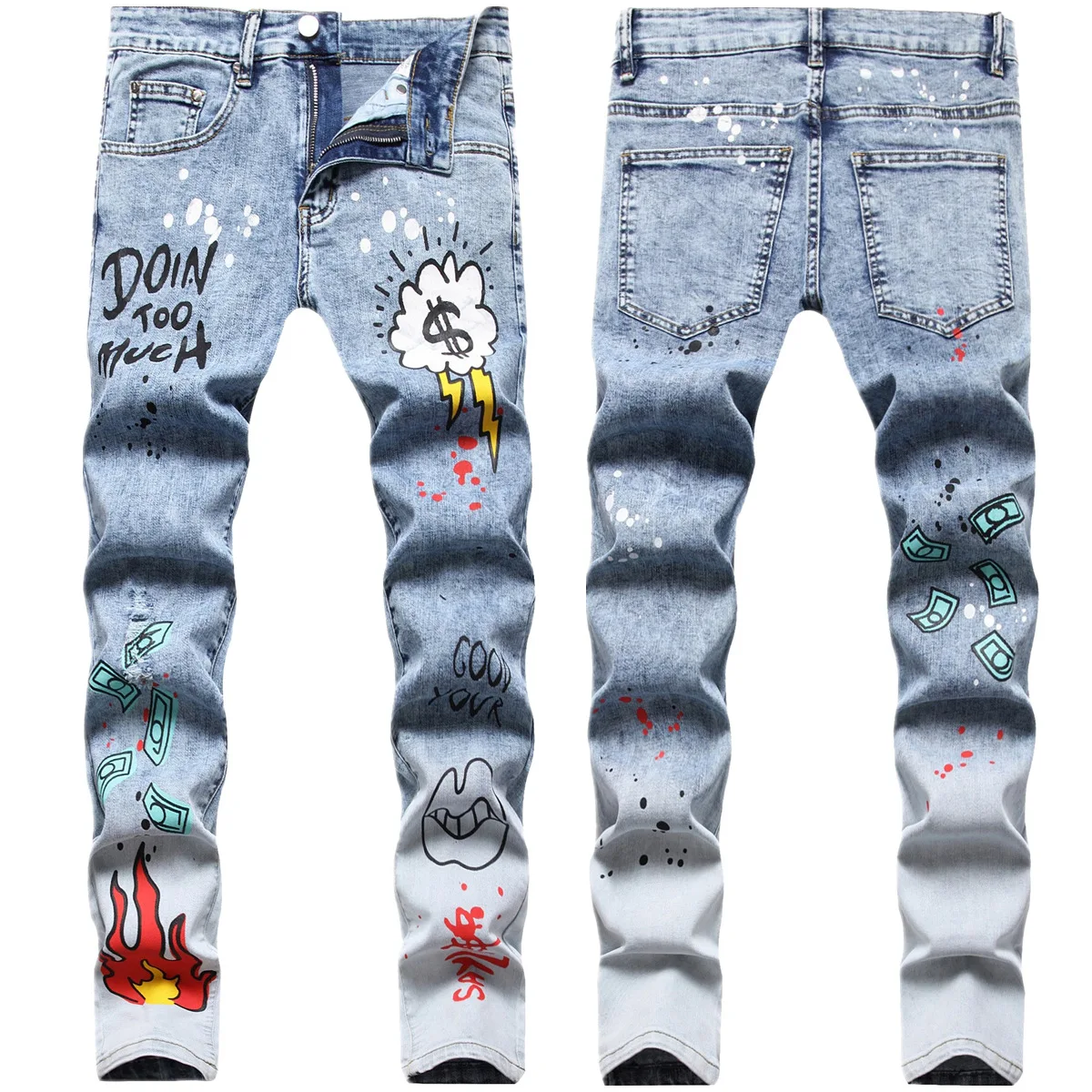 

Men Jeans West Coast Hip Hop Style Multi color Print Hole Patch Slim Fit Elastic Casual Straight Leg Bike Designer Street Jean