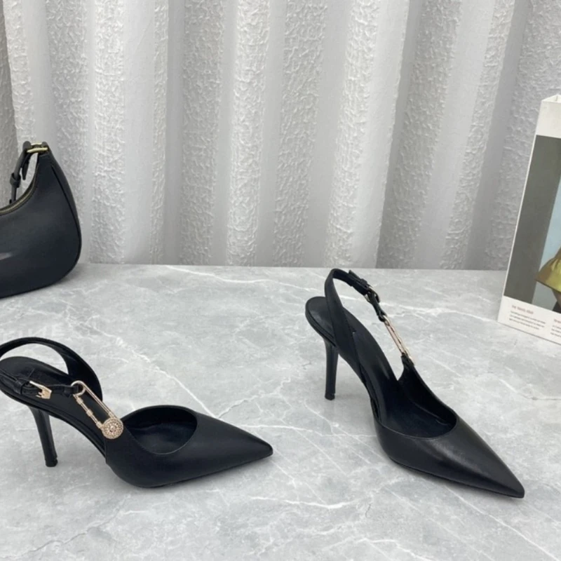 European and American Metal Button Pointed High Heels 2023 New Shallow Mouth Thin Heel Sexy One Line Sandals Women