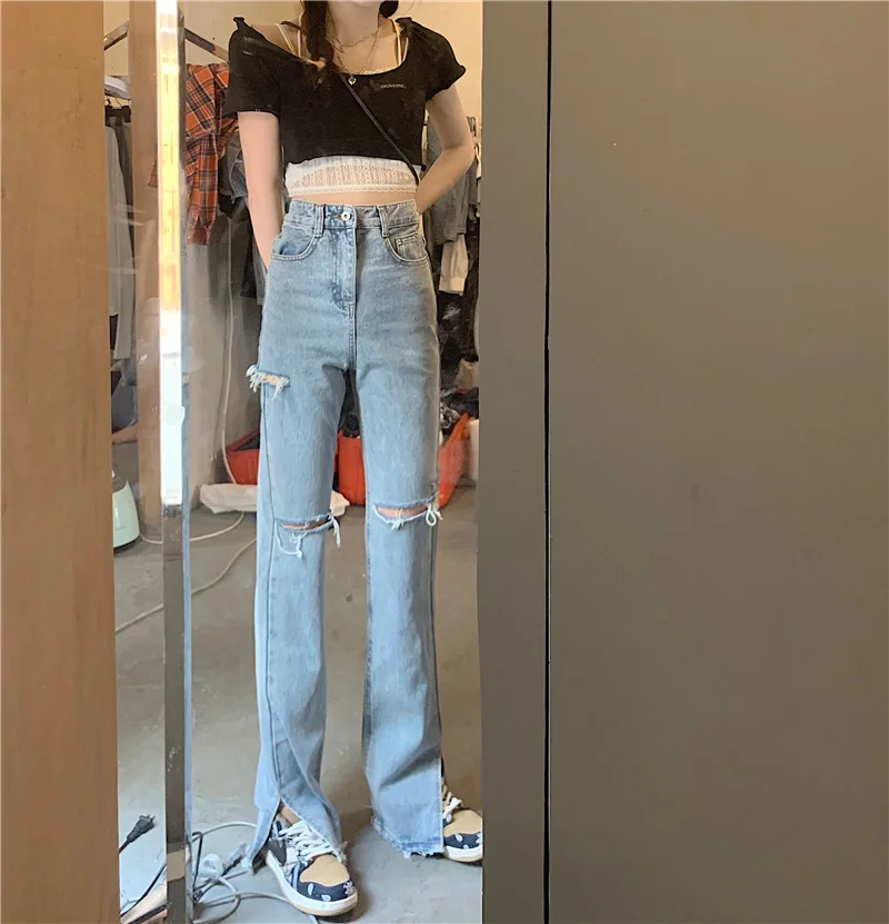 N1432   New high-waisted slim retro all-match loose wide-leg mopping high street ripped straight jeans