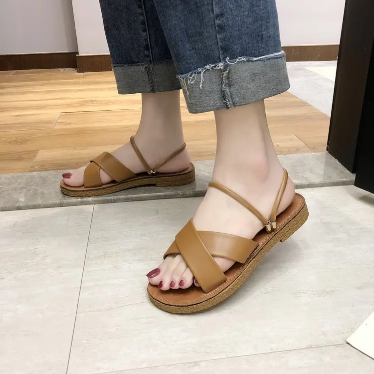 

2022 Summer Women's Slippers Black Brown Beige Roman Style PU Leather Summer Flat Beach Sandals Women's Shoe Size 36-40