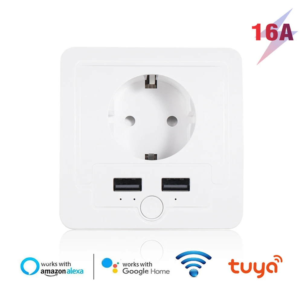 Купи Smart USB Wall Socket 16A EU 3 IN 1 Wifi Power Plug Works With Google Home Alexa IFTTT Tuya Smart life APP Voice Remote Control за 1,087 рублей в магазине AliExpress