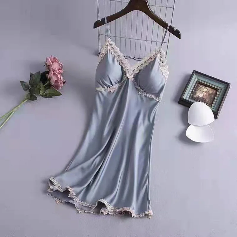 Women's Summer Sexy Suspenders Nightgown Thin Section With Chest Pad Ice Silk Korean Version Of The Pajamas Dress Home Wear