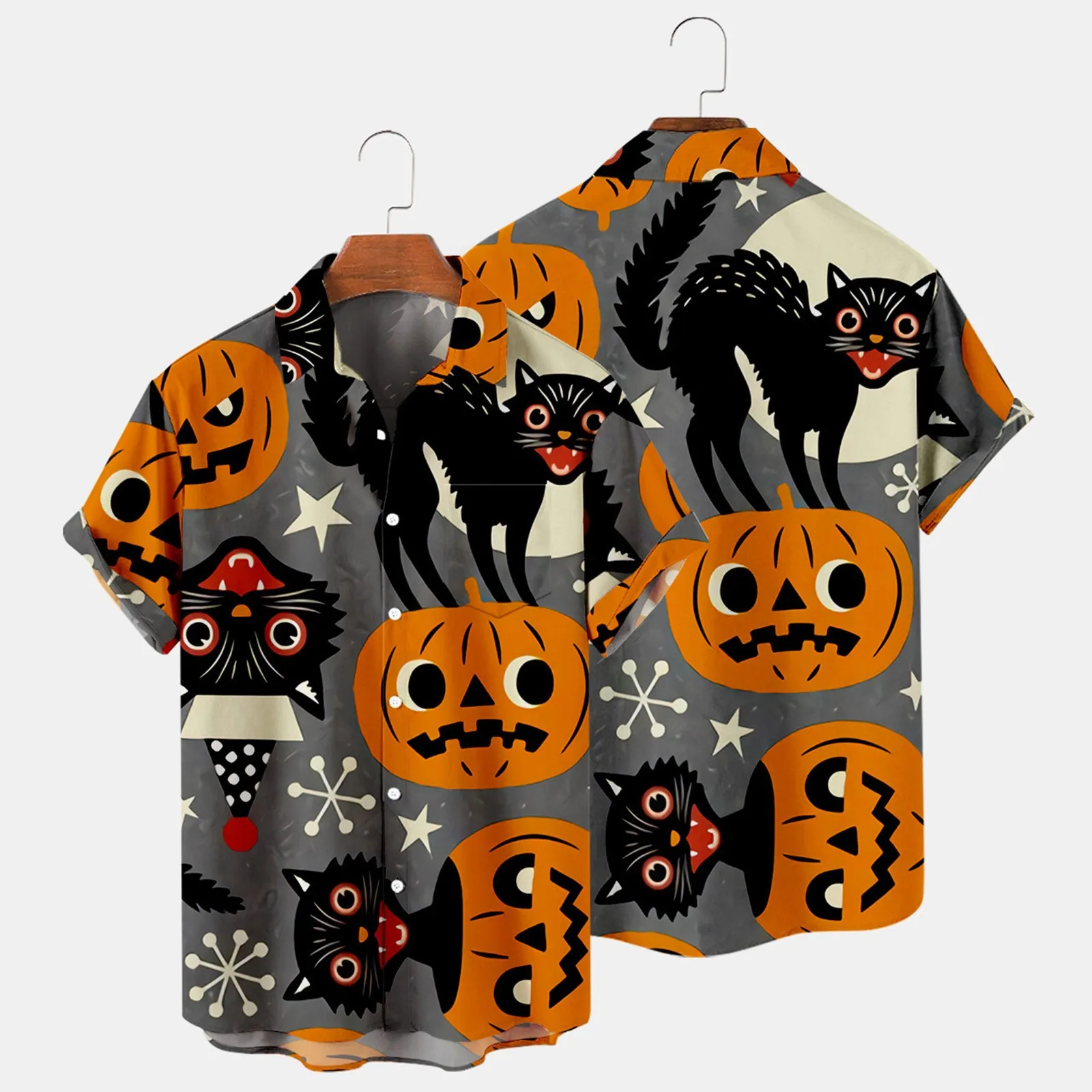 

Мужская Черная Рубашка с котом на Хэллоуин, короткая уличная одежда, блузка, топы на весну и осень, художественная 3d цифровая печать, праздни...