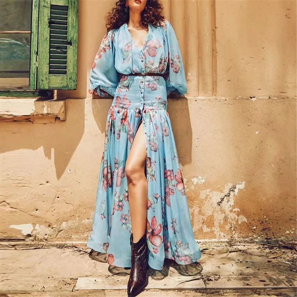

Dress European American Fashion Spring Summer New Single-breasted V-neck Belt Chiffon Dress Print Slit Long Skirt Bohemian Dress
