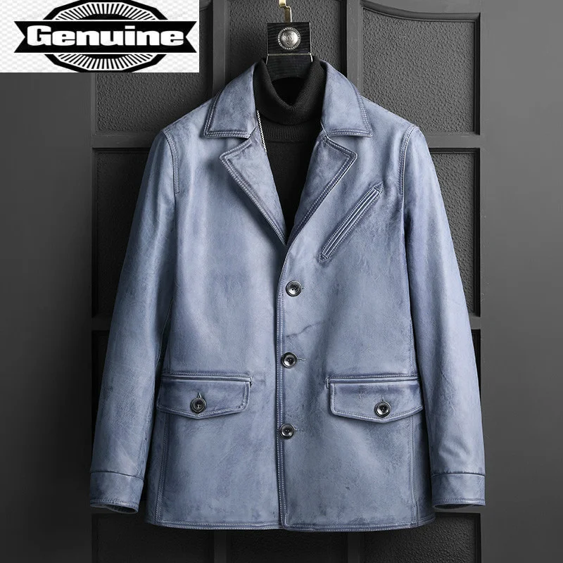 

Leather Genuine Cowhide Men Clothing Jacket Mens 2023 Men's Autumn Coat Blue Leather Jackets Chaquetas Hombre LXR1022