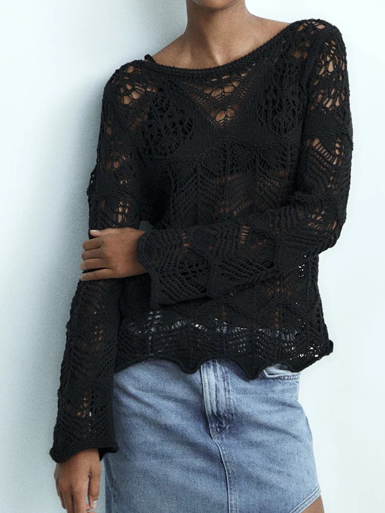 

Hollow Out Solid Female Knit Pullovers Round Neck Women's Long Sleeve Tops Sweaters Casual Fashion Knitwear Lady Autumn Clothes