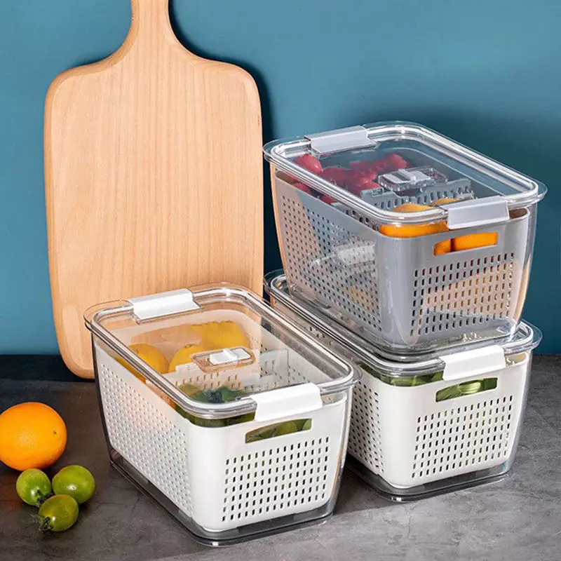 

Fridge Storage Box Refrigerator Fruit Vegetable Drain Basket Fresh-Keeping Box With Lid Storage Containers Kitchen Tools Cocina