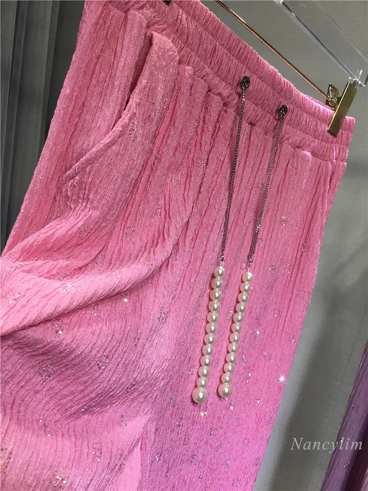 Heavy-Duty Rhinestone Pants Women's Summer Cool Trousers Pink Wide-Leg Mopping Pants Slimming Letters Pants Sportwear 2023