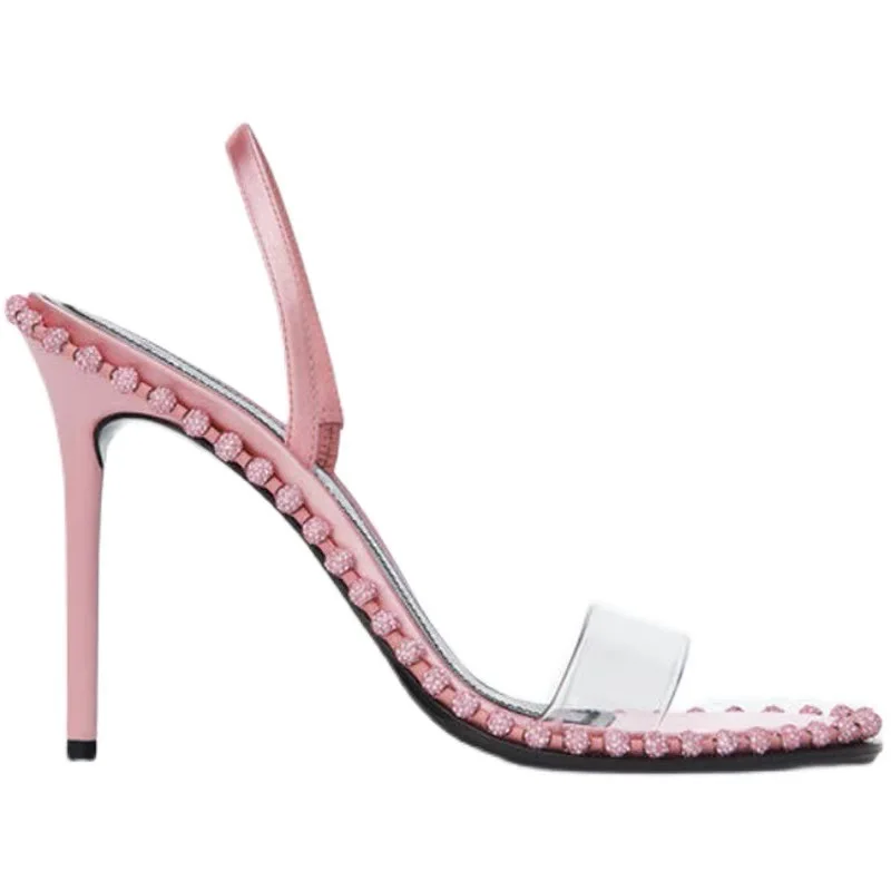 High Heels Women's Beaded Rhinestone Sandals 2023 Summer New Slim Heels Fashion Transparent Women's Shoes Sexy Sandals