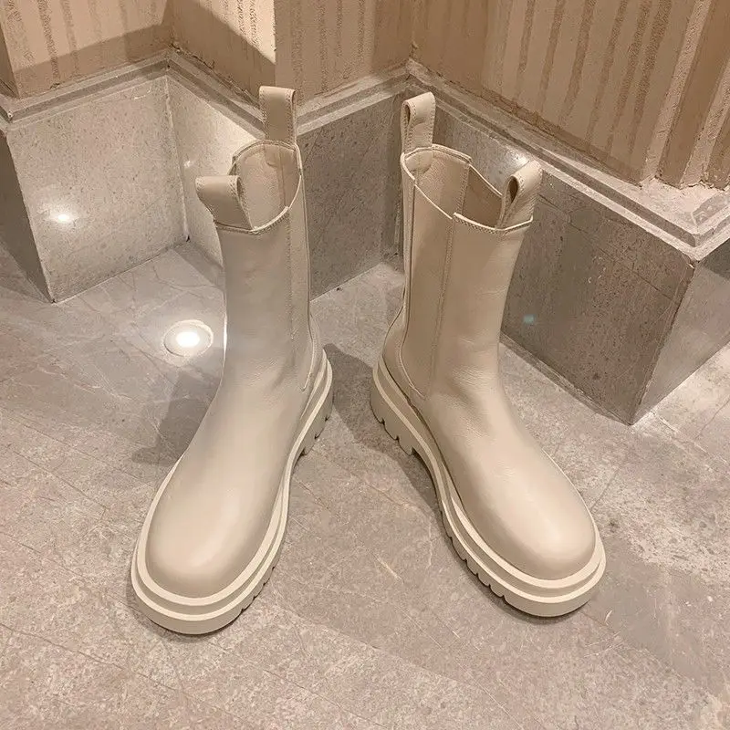 

Women Boots Genuine Leather Chelsea 2021 Non Slip Female New Fashion Black White Mid Calf Square Toe Botas De Mujer