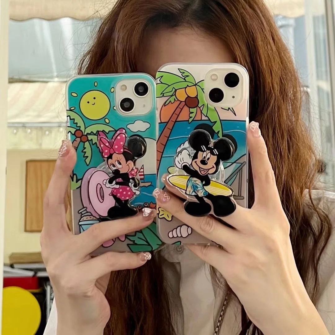 

Cute Disney Mickey Minnie hawaiian style beach surfing with bracket Phone Cases For iPhone 14 13 12 11 Pro Max Back Cover