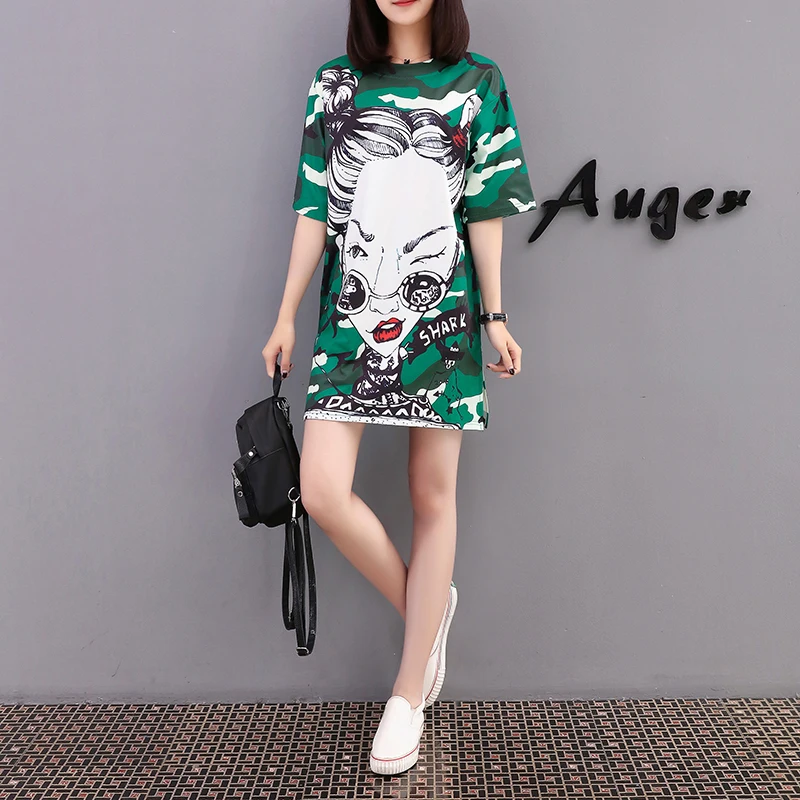 

2022 New Women Summer Tide Streetwear Chic Printing Short Sleeve T-Shirts Dresses Fashion O-Neck Oversized Mid-Length Tees Ins