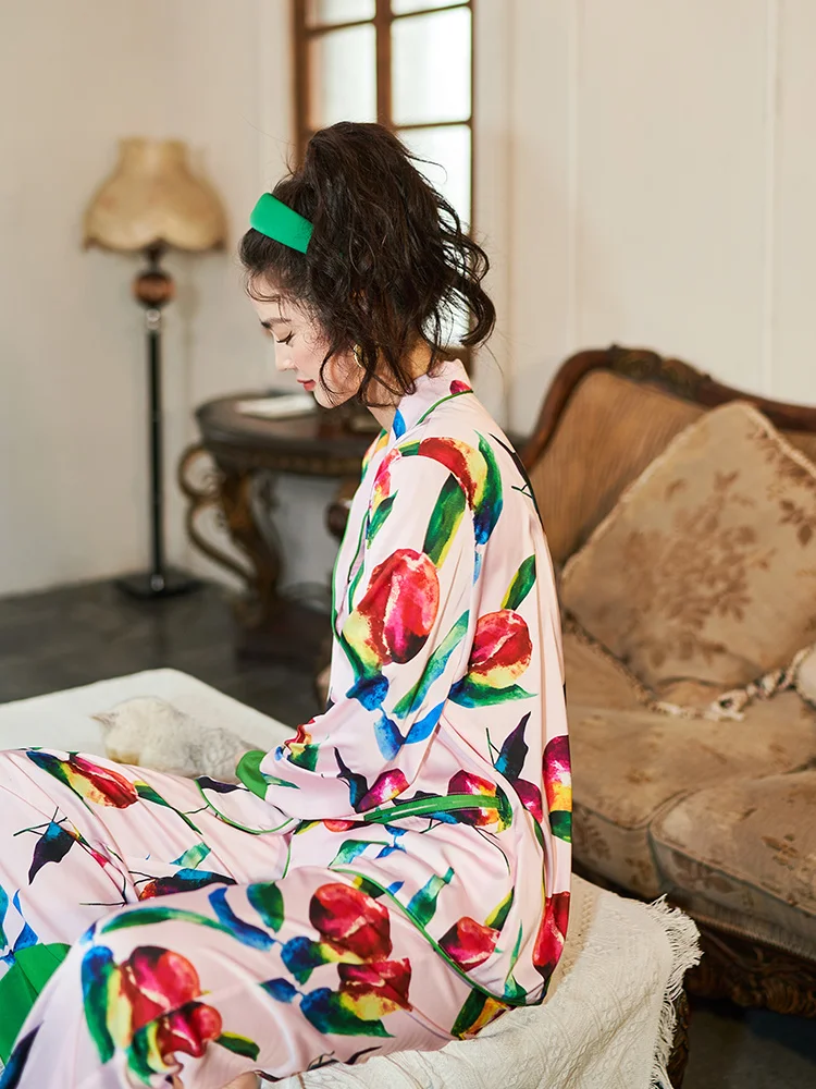 Luxury Floral Print Women Pajamas 2 Pcs With Pants Oversize Ladies Satin Pyjama Summer Spring Silk Pijama Suit For Female
