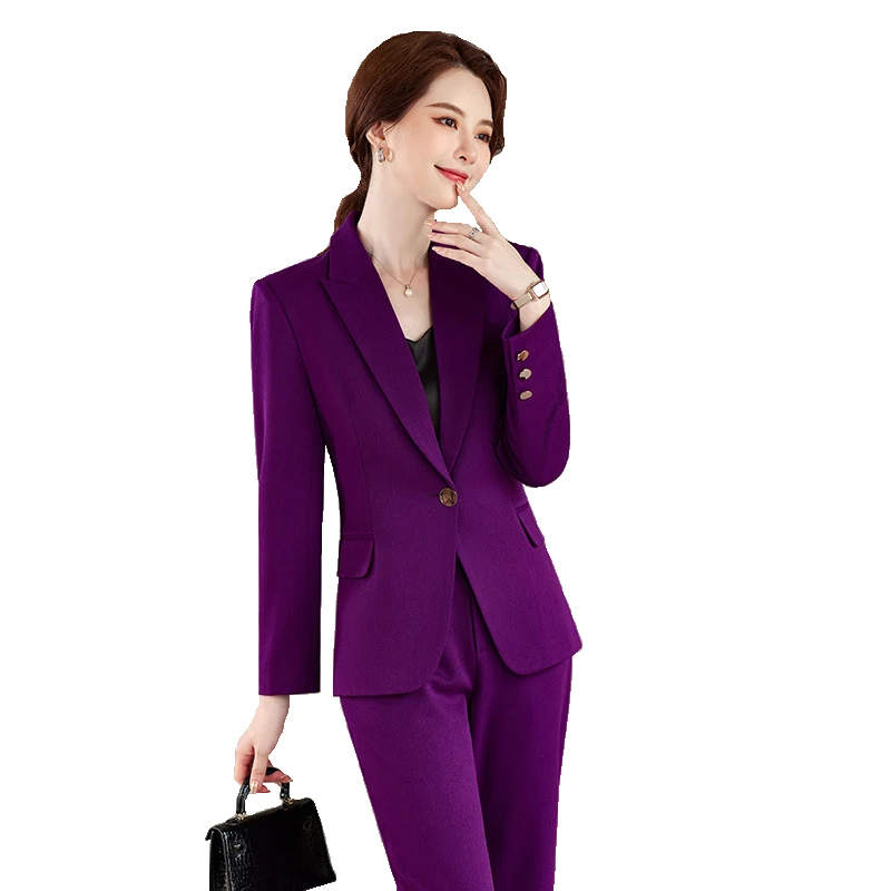 

Ladies Blazer And Pant Suit Women Green Purple Blue Black Solid Formal Jacket Trouser Female Business Work Wear 2 Piece Set