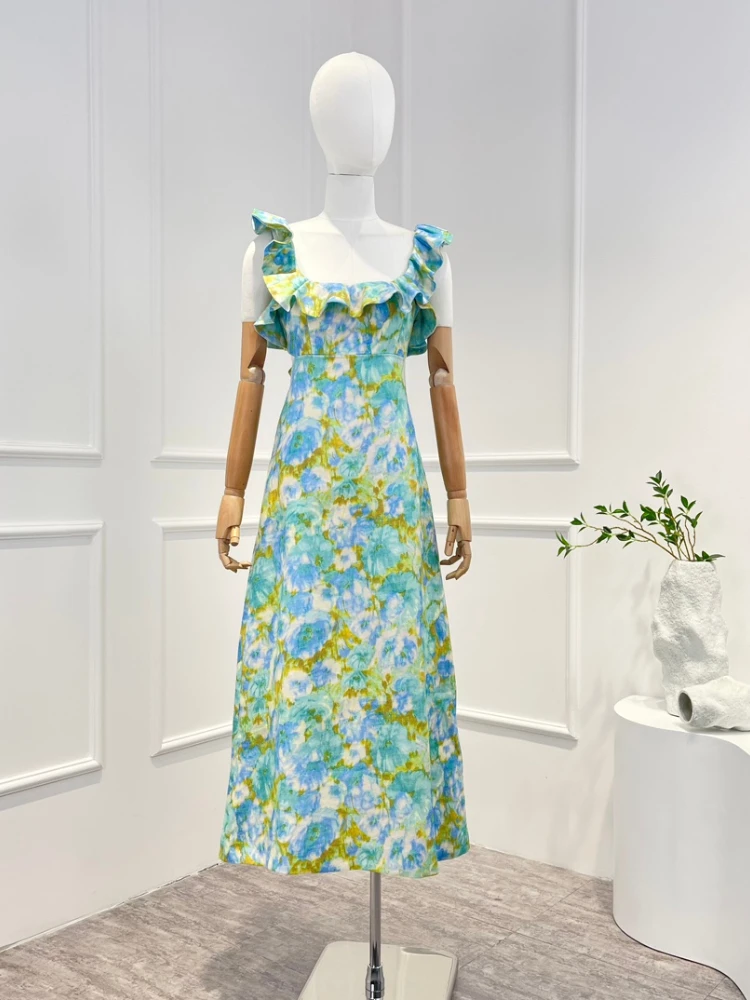 

Женское платье-миди с открытой спиной, голубое пляжное платье с оборками и цветочным принтом, весна-лето 2023
