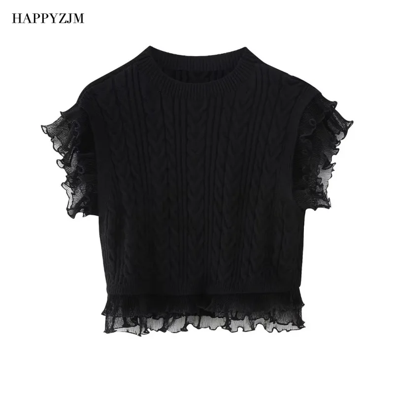 

New Women Black Layered Decorative Knitting Short Sleeved Sweater Fashion Slim High Waist Open Navel Splicing Lace Shirt