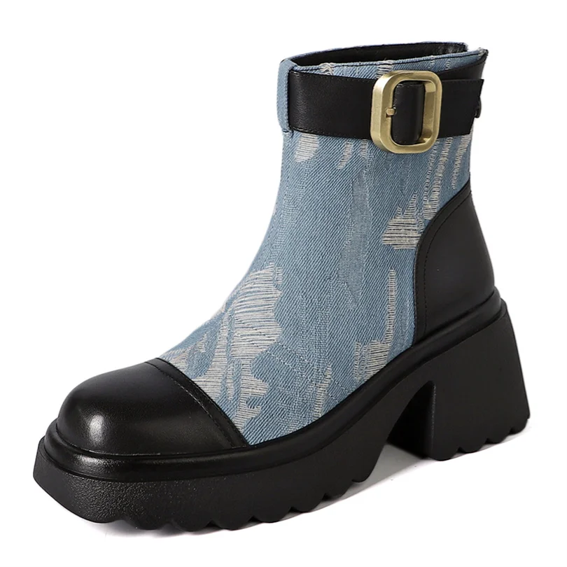

Женские джинсовые ботинки 2023, роскошные женские классические ботильоны на высоком каблуке и платформе, с круглым носком и пряжкой, пряжка, Прямая поставка