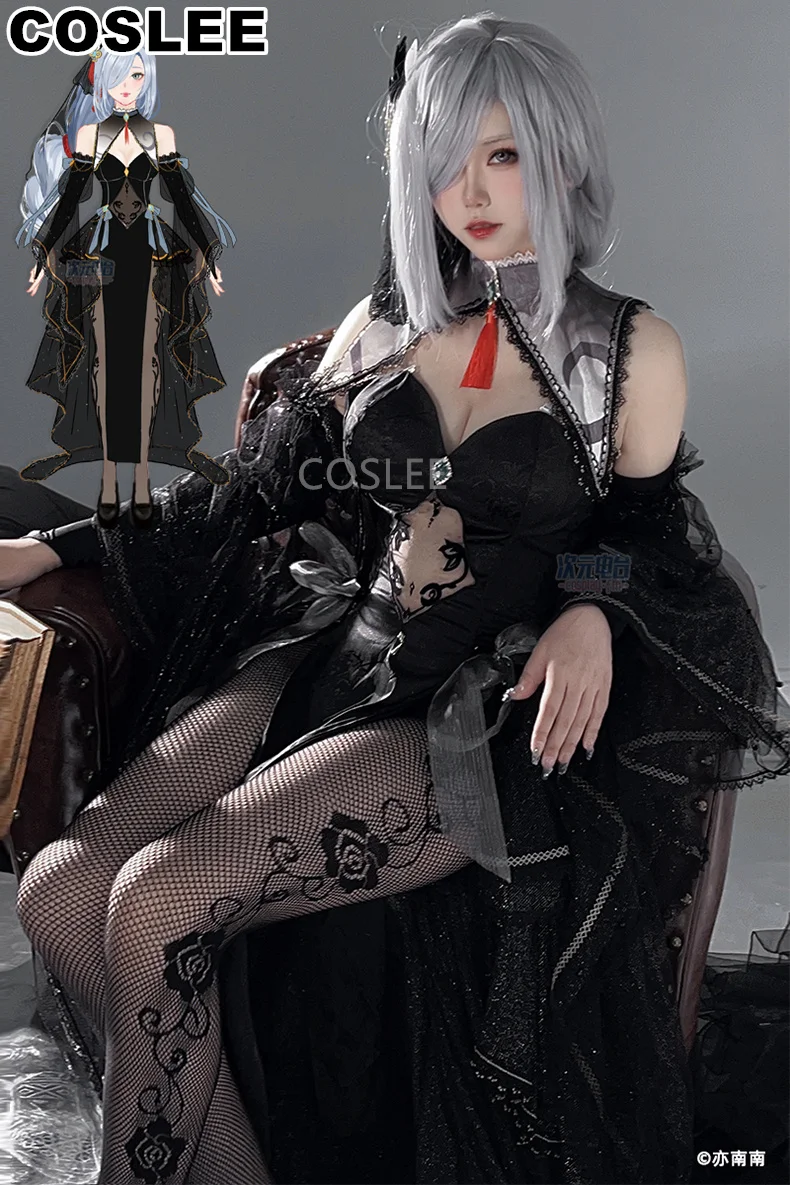 COSLEE Game Genshin Impact Shenhe Косплей Костюм Черное свадебное платье Хэллоуин Карнавальный
