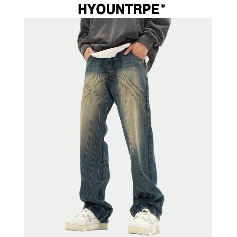 Mens Retro Washed Denim Jeans Loose Straight Pants 2023 New Fashion Streetwear Trousers Hip Hop Casual Zipper Jean Pants Joggers