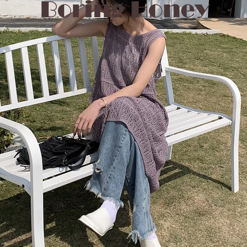 

Boring Honey Mesh Backless Chic Round Collar Sleeveless Women's Dress Hollow Out Solid Colour Korean Style Knitted Sexy Dress