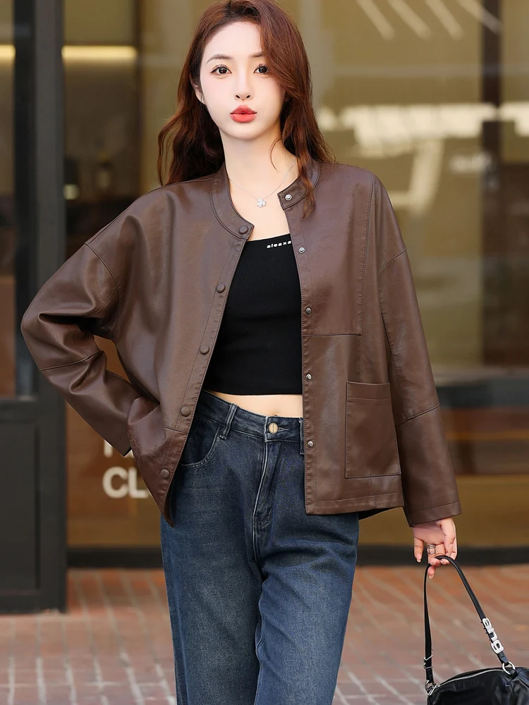 Кожаное пальто верхняя одежда женская осень и зима 2023 новинка китайского цвета