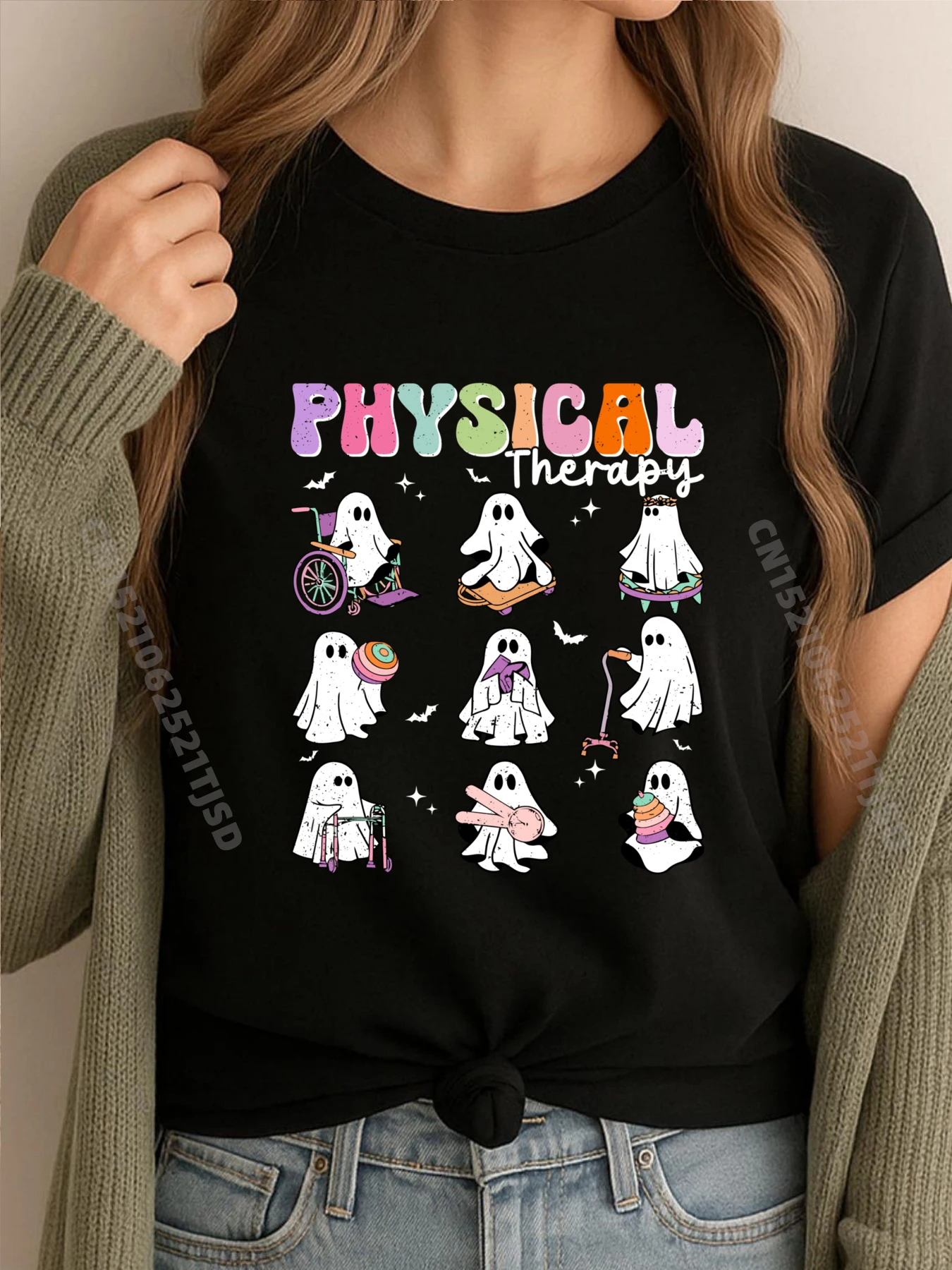 Ghost Physical Therapy Physical Therapist Special Short Sleeve Street T-shirts 100% Cotton O Neck Mens Tops Tees Tops Tees Summer Ghost Physical Therapy Physical Therapist Halloween Groovy black