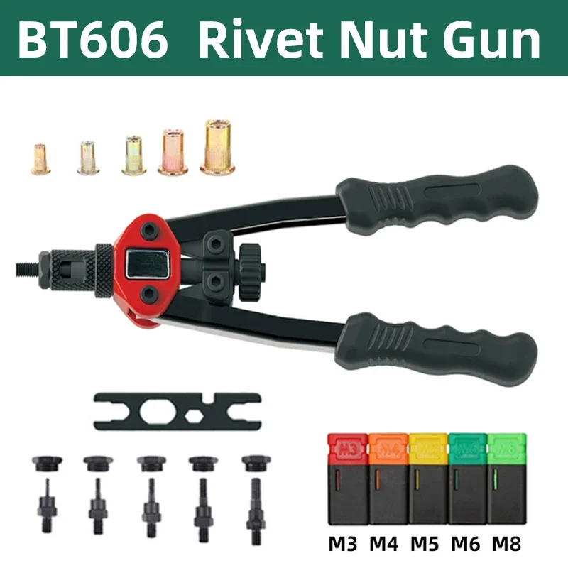 

BT-606 Riveter Gun Tool Threaded Hand Rivet Nut Gun M3 M4 M5 M6 M8 Double Insert Manual Double Handle Riveter Tool 200pcs Nuts
