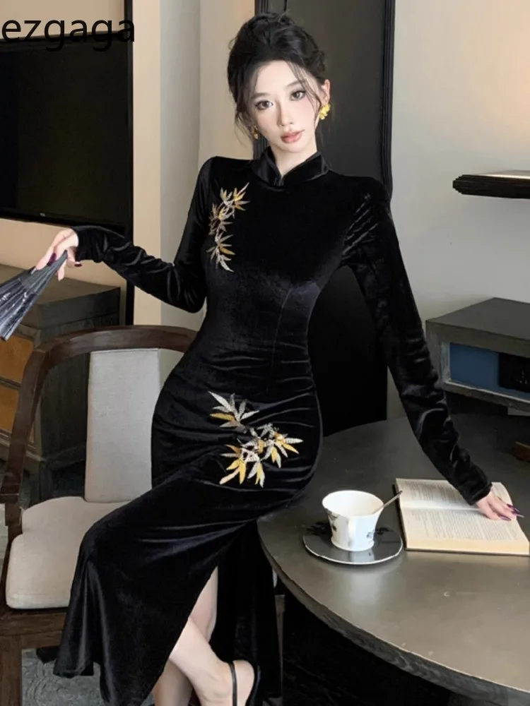 Ezgaga бархатные платья женские сексуальные вышивка воротник-стойка тонкий разрез