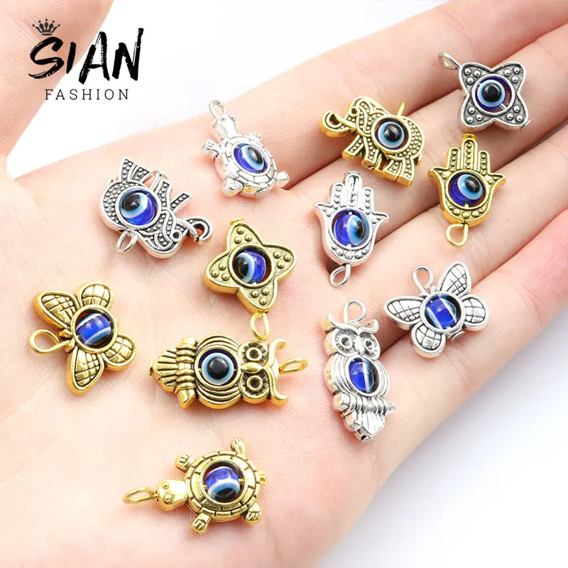 

10-20pcs Fatima Hamsa Hand Blue Turkish Evil Eye Charms Animals Butterfly Leaves Lucky Eyes Charm DIY Necklace Making Crafts