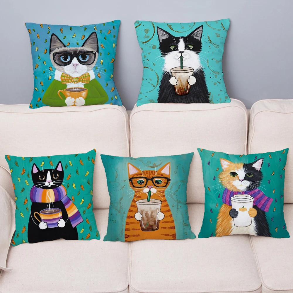 

45x45cm Cartoon Cat Print Soft Pillowcase Livlingroom Home Decor Cozy Sofa Chairs Seat/Back Cushion Cover Throw Pillows Case