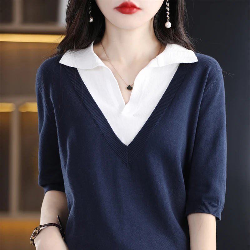 

Women's T-shirt Summer New 100% Cotton Short Sleeve Casual Solid Color Stitching Knit Tees Ladies Tops POLO Collar Blouse