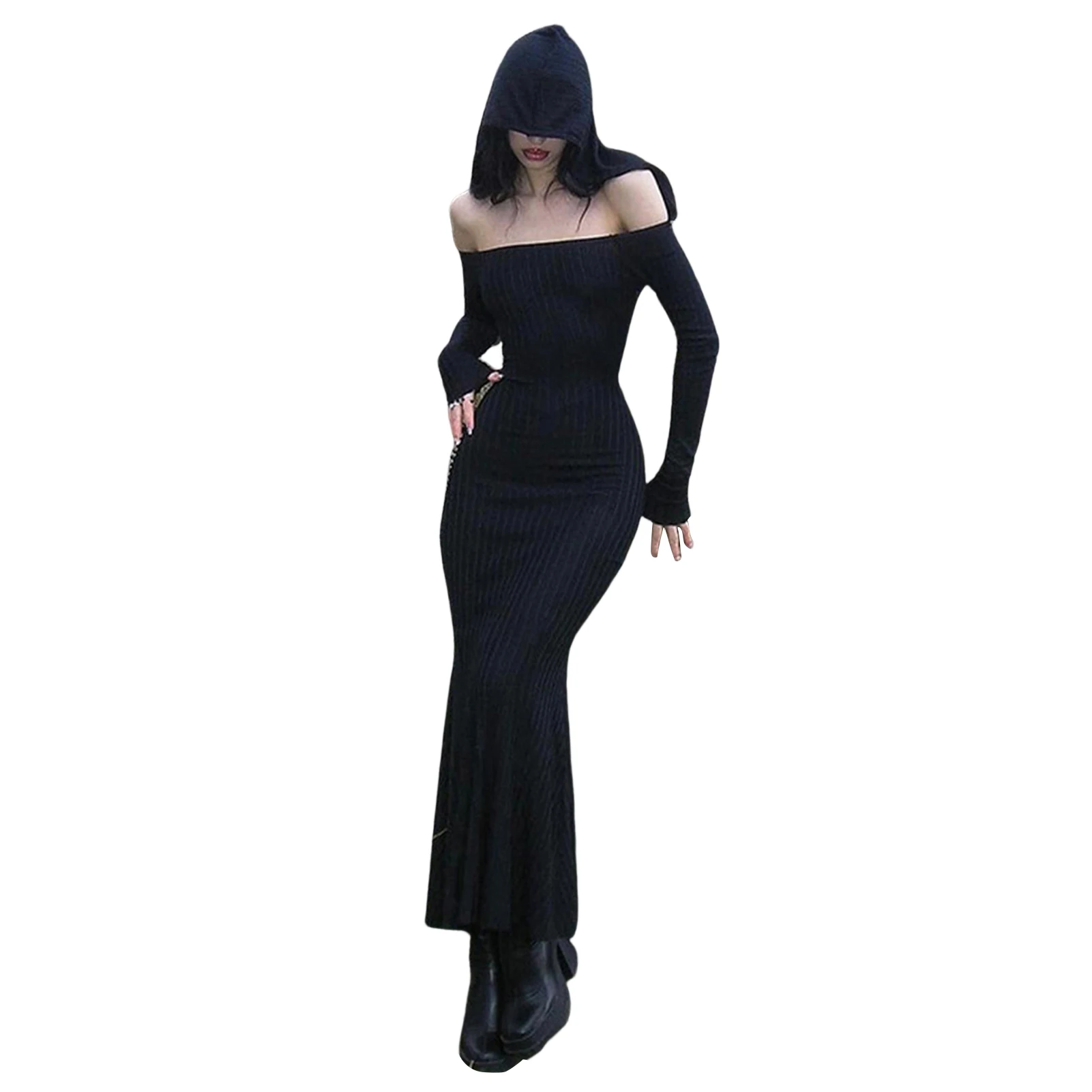 

Goth Black Backless with Hat Bodycon Dress Y2k Bodycon Mini Dress с длинным рукавом с открытыми плечами Sexy E-girl Partywear