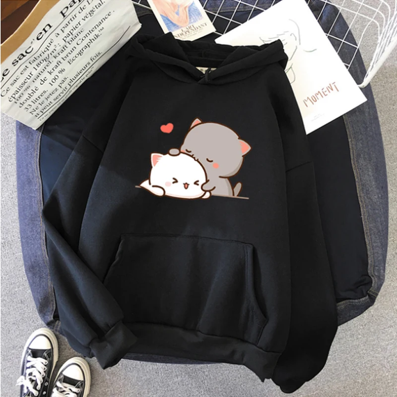 

Kawaii Kitten Print Clothing Hoodie 2022 Cute Blue Pullover Sweater Men Women Unisex Cartoon Print Couple Streetwear