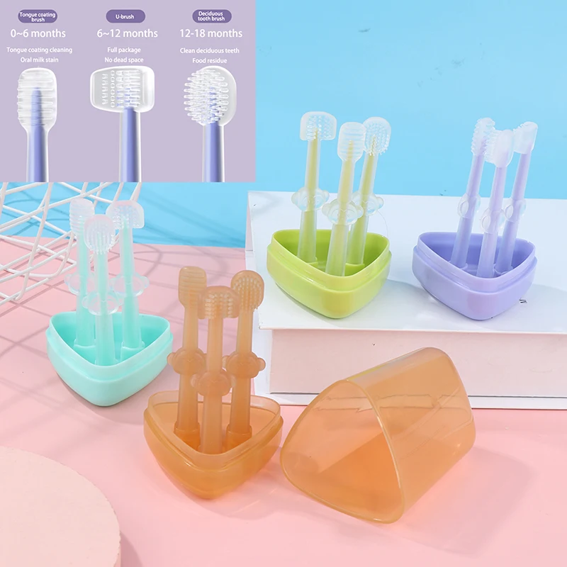 

3Pcs Baby Toothbrush Child Toothbrush Infant Deciduous Tooth Brush 0-18 Tongue Coating Cleaning Baby Silicone Toothbrush