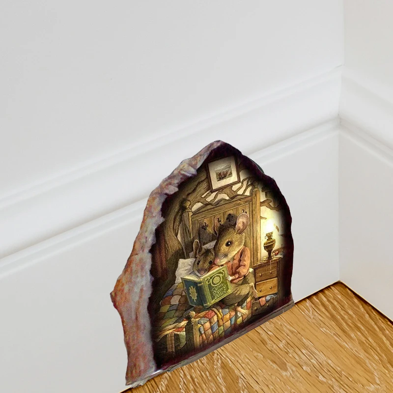 

Маленькая мышь, книга для чтения, настенная наклейка из ПВХ, Реалистичная 3D мышь, отверстие, Угловые настенные наклейки, лестница, наклейка, ...