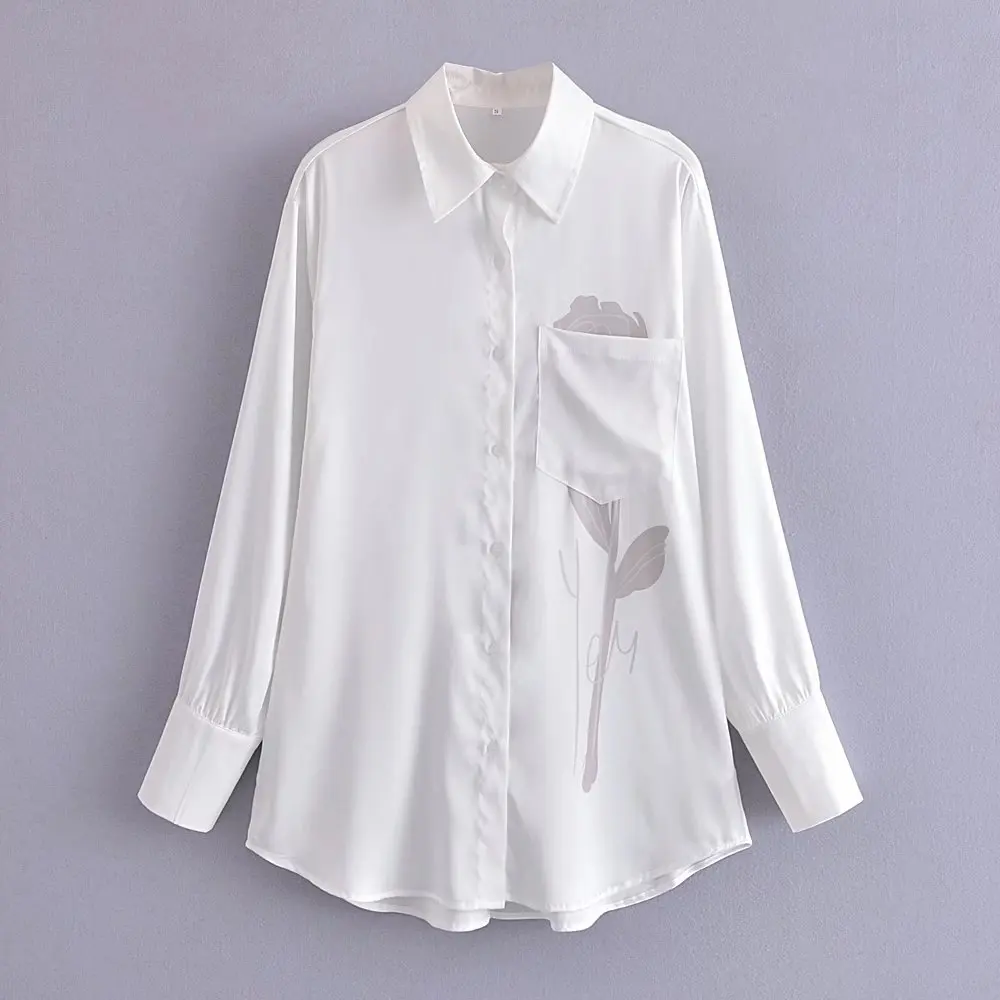 

SuperAen New 2022 Summer Solid Turn Down Collar Single Pocket Silky Satin Full Casual Shirt Blouse Womens Tops