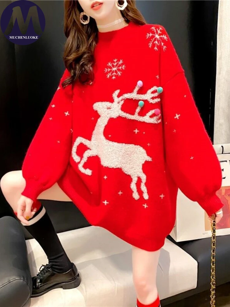 

Women's Sweater Autumn/Winter New Christmas Elk Long Sleeve O Neck Sweaters Tops Fashion Casual Loose Knitted Sweater Pullovers