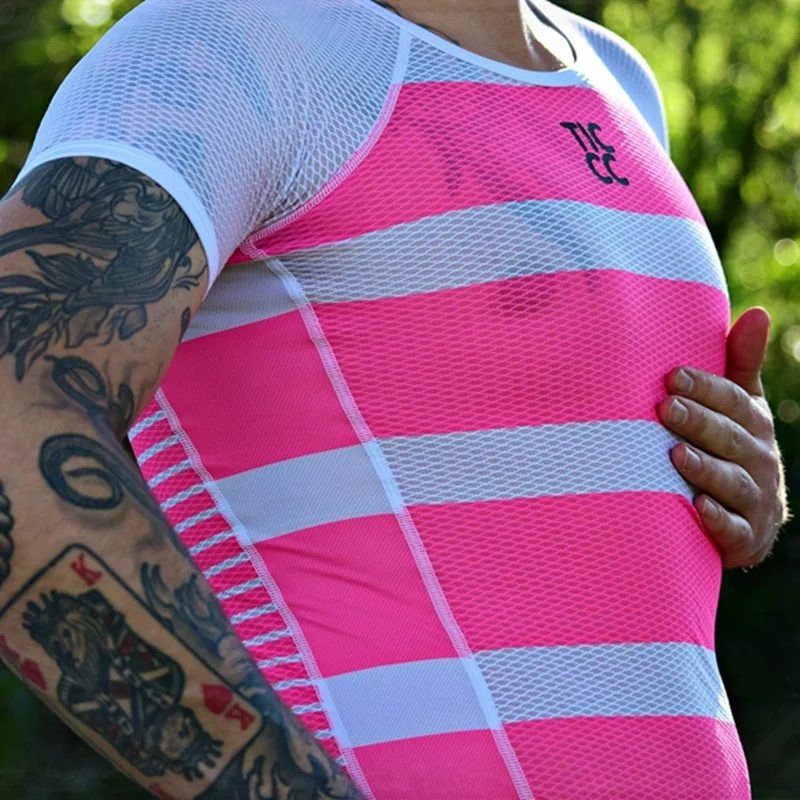 

Team RC Cycling baselayer Men Striped bike riding underwear Pink and black mesh polyester Sportwear capa de base de malla