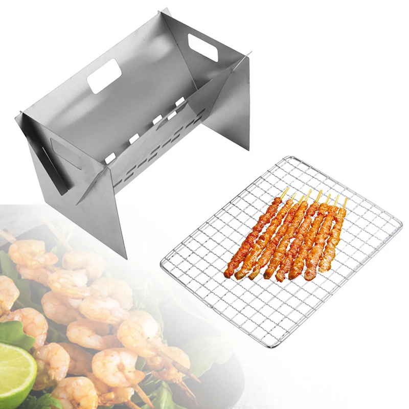 

2021 New Silver Outdoor Stainless Steel Folding Barbecue Stove Card Type Firewood Stove Mini Barbecue Rack Camping Stove