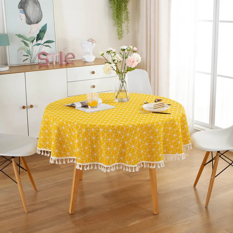Mantel redondo de lino y algodón con cuadros amarillos, con borlas blancas para mesa redonda de té, mapa, cubierta de mesa redonda