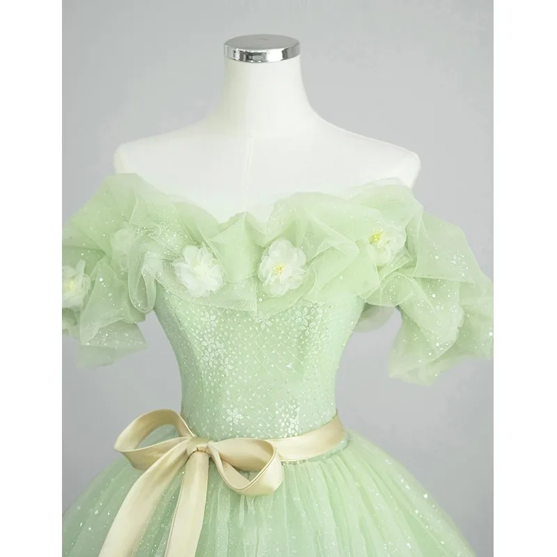 Luxury Green Princess Floral Off-Shoulder Strapless Evening Party Prom Dresses Women  A-line Ball Gown Tulle Formal Dress