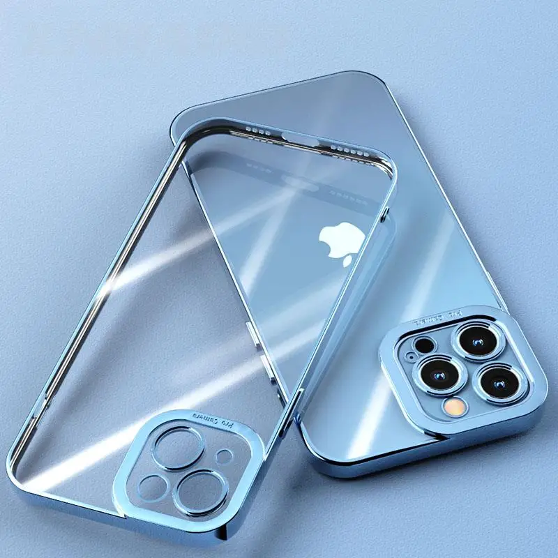 

Luxury Plating Transparent Lens Protection Case For iPhone 13 12 11 Pro Max Mini XS X XR 7 8 Plus Soft Shockproof Clear Cover