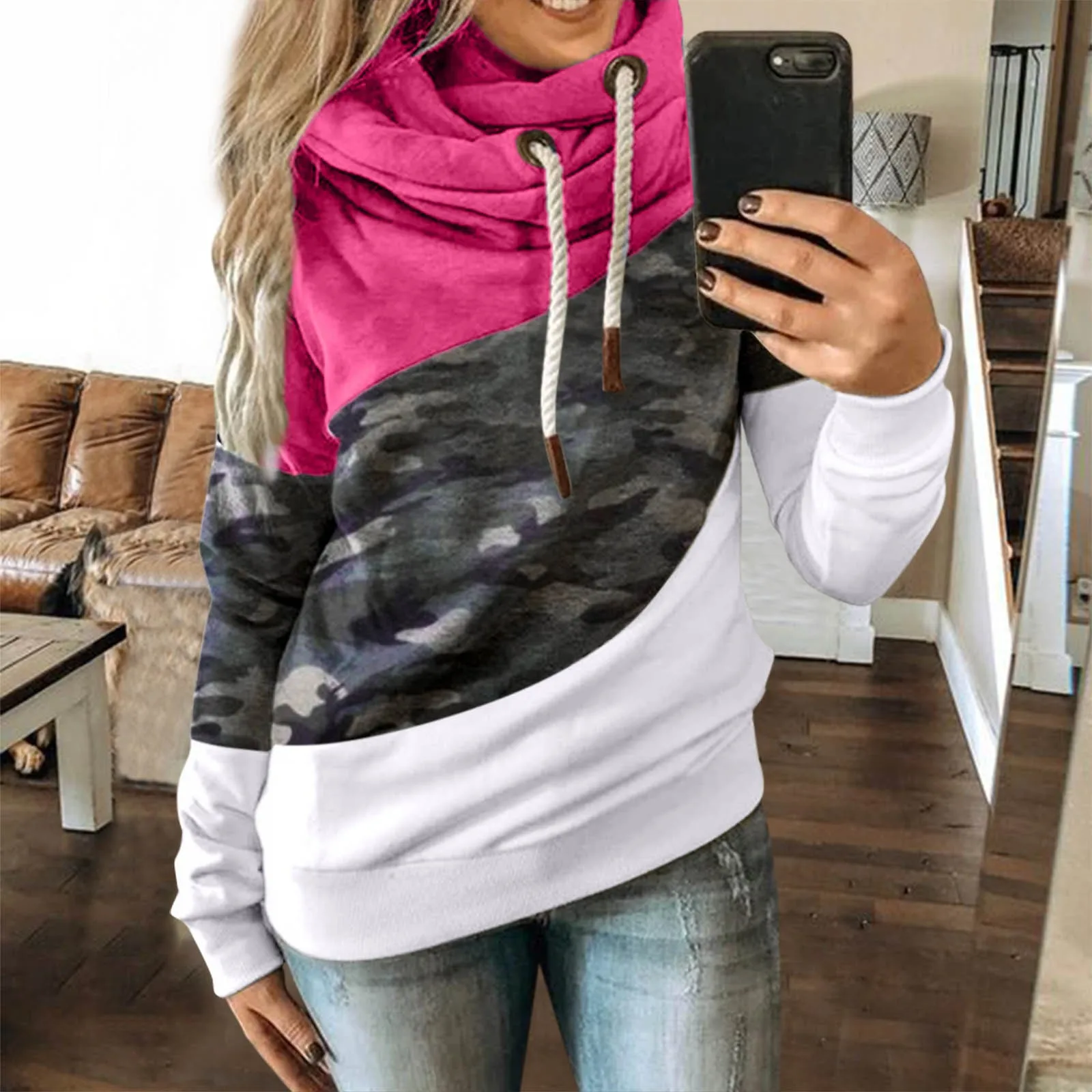 

Long Hoodies with Zipper Sleeve Women Casual Long Contrast Camouflage Sweatshirt Hoodie Tops Women's Ladies Long Sleeve T Shirt