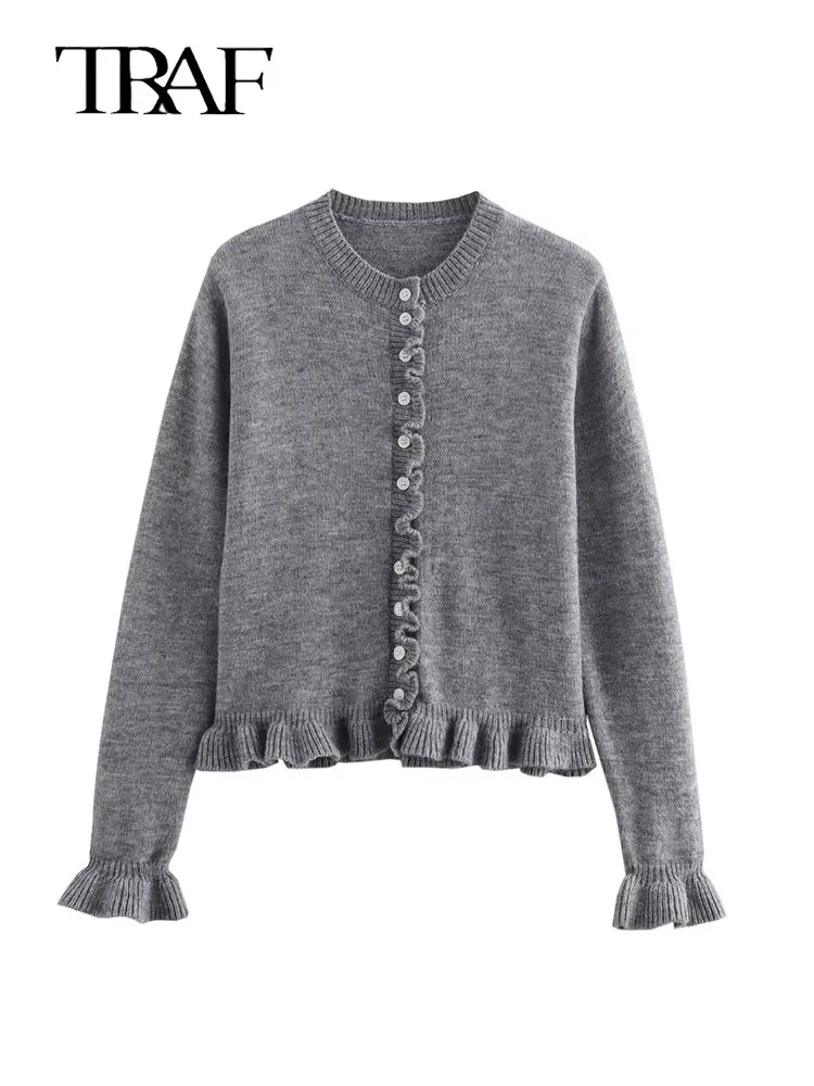 TRAF женский серый вязаный кардиган с рюшами верхняя одежда новый осенний свитер
