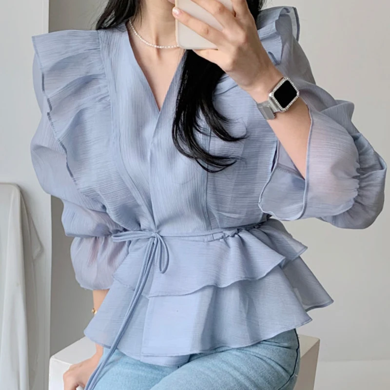 

Clothland Women Sweet Ruffled Blouse V Neck Sashes Long Flare Sleeve Cute Shirt Summer Thin Chic Tops Mujer LA545